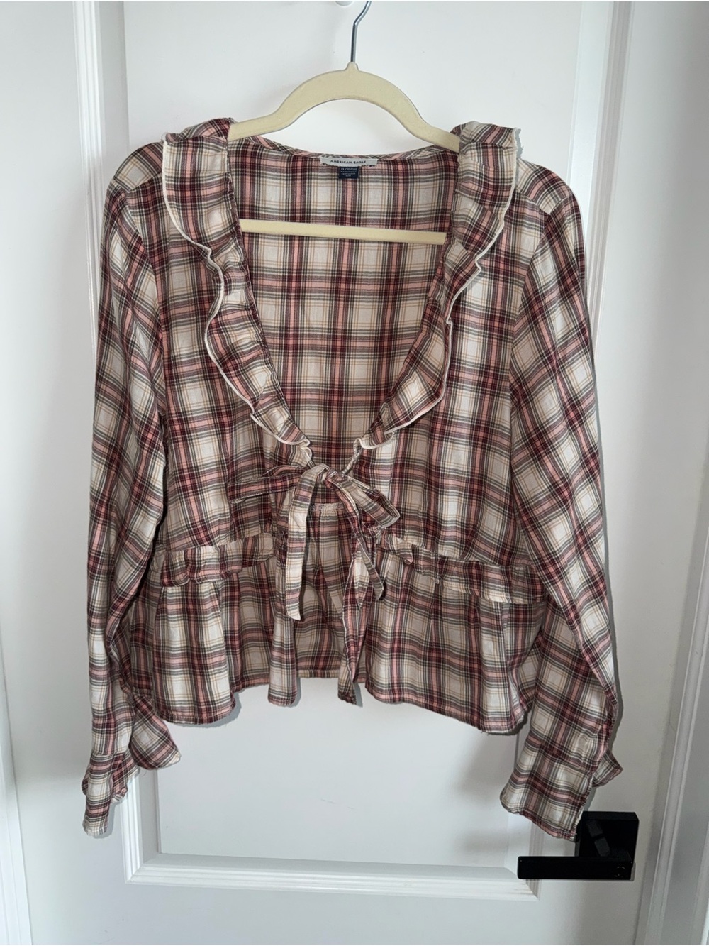 American Eagle XL Plaid Ruffle Peplum Tie Front Blouse Cottagecore